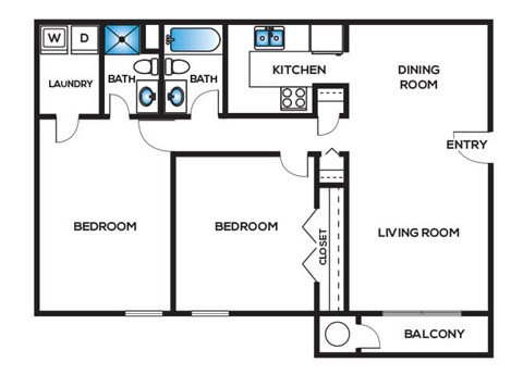Floor plan for 2 beds, 2 baths, 980 sqft